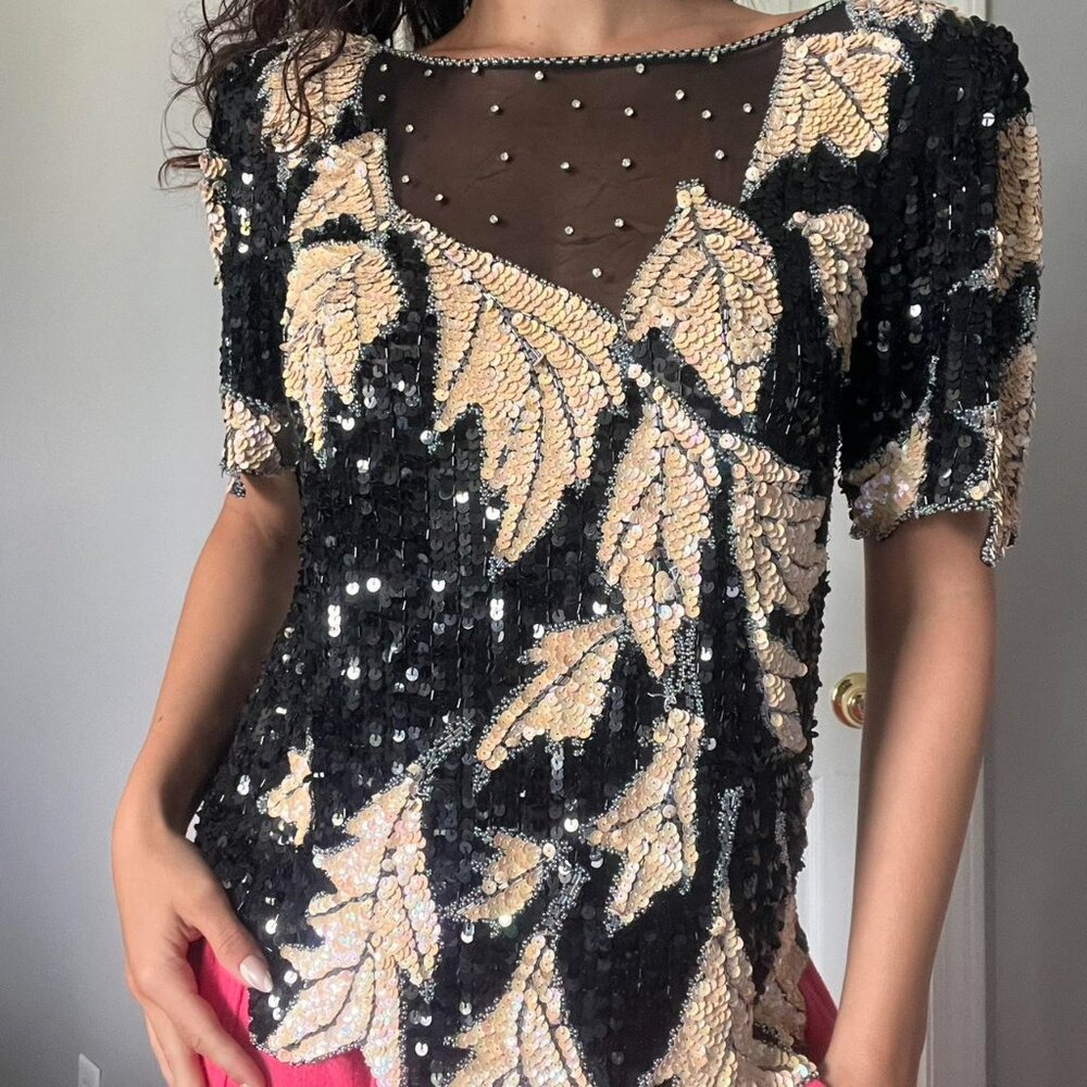 Vintage Lillie Rubin Designer 70's Sequin Black Ivory Beaded‎ Silk Leaf Top Med